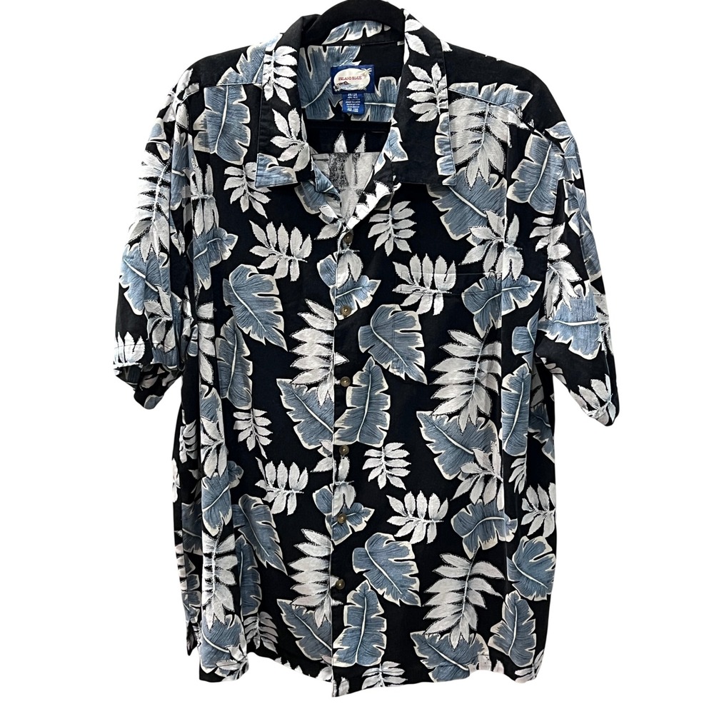 Island Blue Shirt - Men's 2X -Black Blue Palm Leaves Tropical -Silk Cotton Blend
